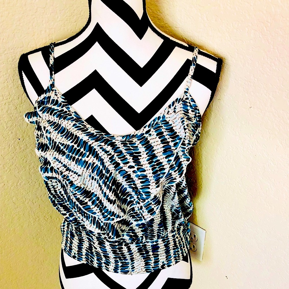 TRACIEL TEAL, BLACK & WHITE RUFFLED TANK